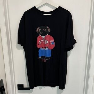 FTP Black Tee with Red & Blue Bear Graphic